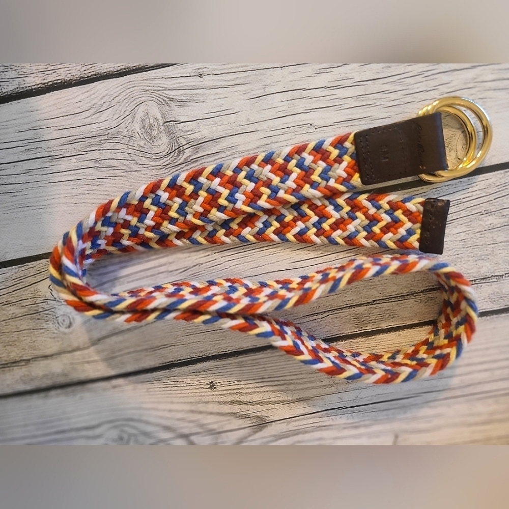 Vintage 1990s Rainbow Woven Belt / 30" Max / Eddie Bauer Leather and Brass Woven - Picture 2 of 4